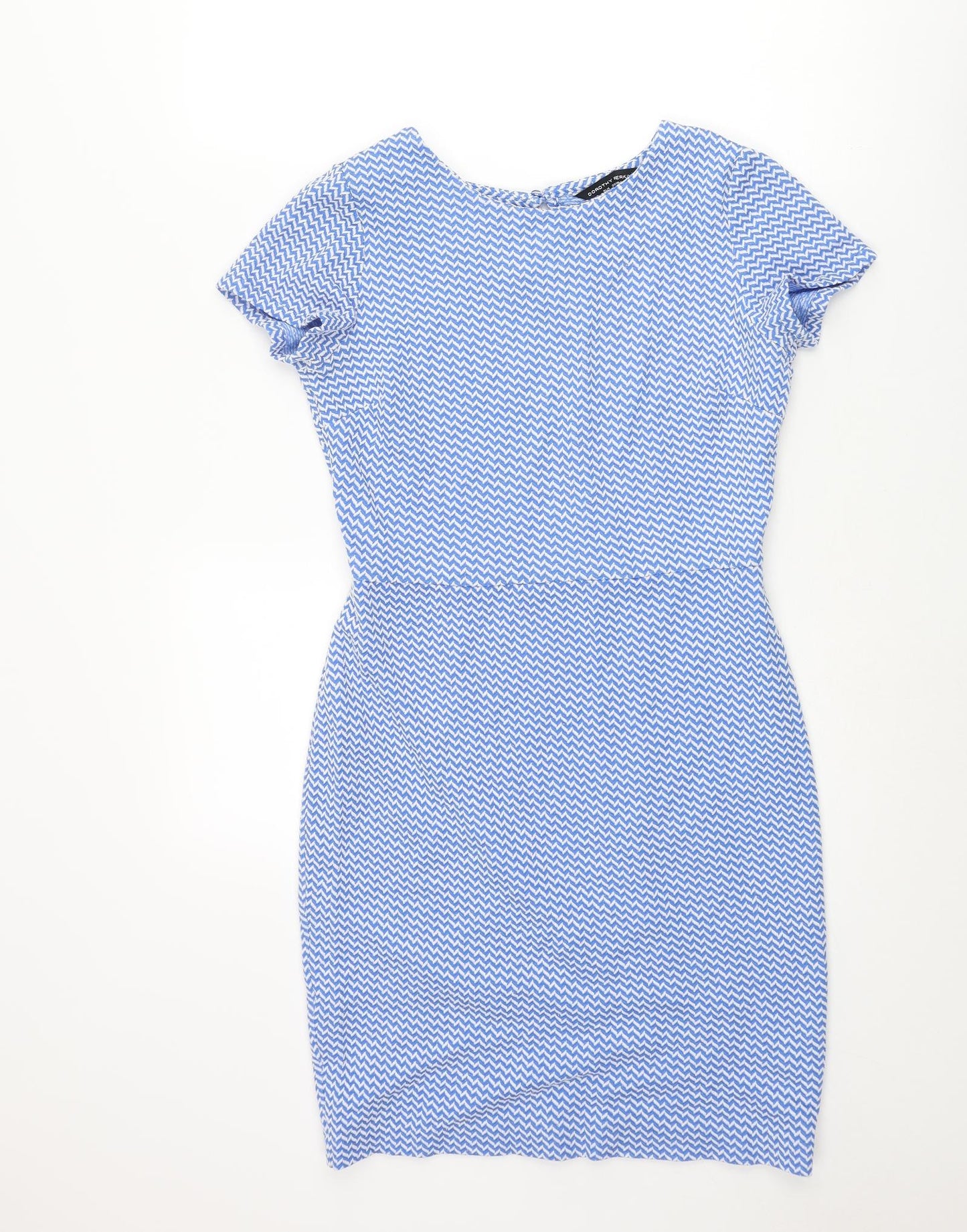 Dorothy Perkins Womens Blue Geometric Polyester Bodycon Size 8 Round Neck Button