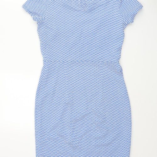 Dorothy Perkins Womens Blue Geometric Polyester Bodycon Size 8 Round Neck Button