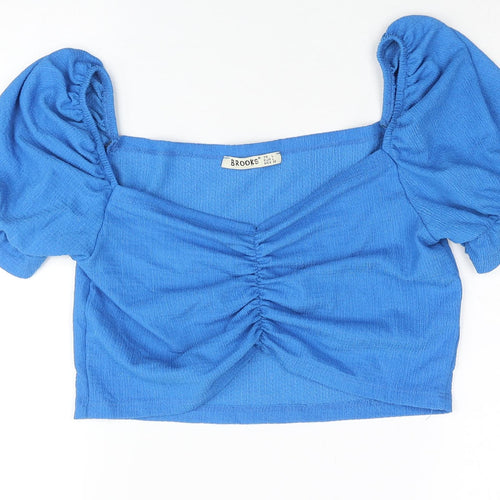 Brooks Womens Blue Polyester Cropped Blouse Size L Square Neck - Rouched