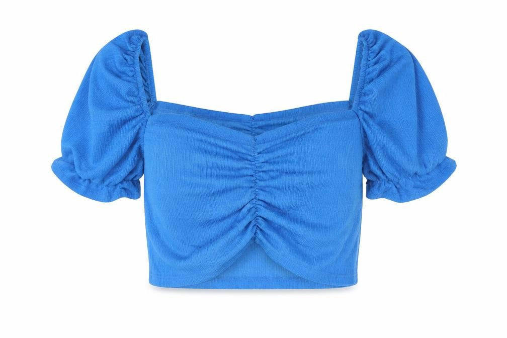 Front view of Brooks women’s blue polyester cropped blouse, size L, square neck - rouched