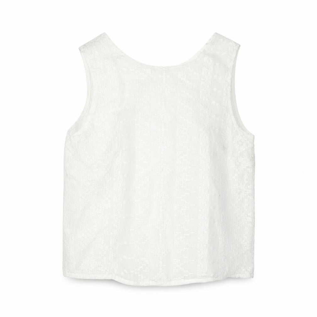 Front view of Mango women’s white geometric polyester camisole blouse, size S, round neck - button detail
