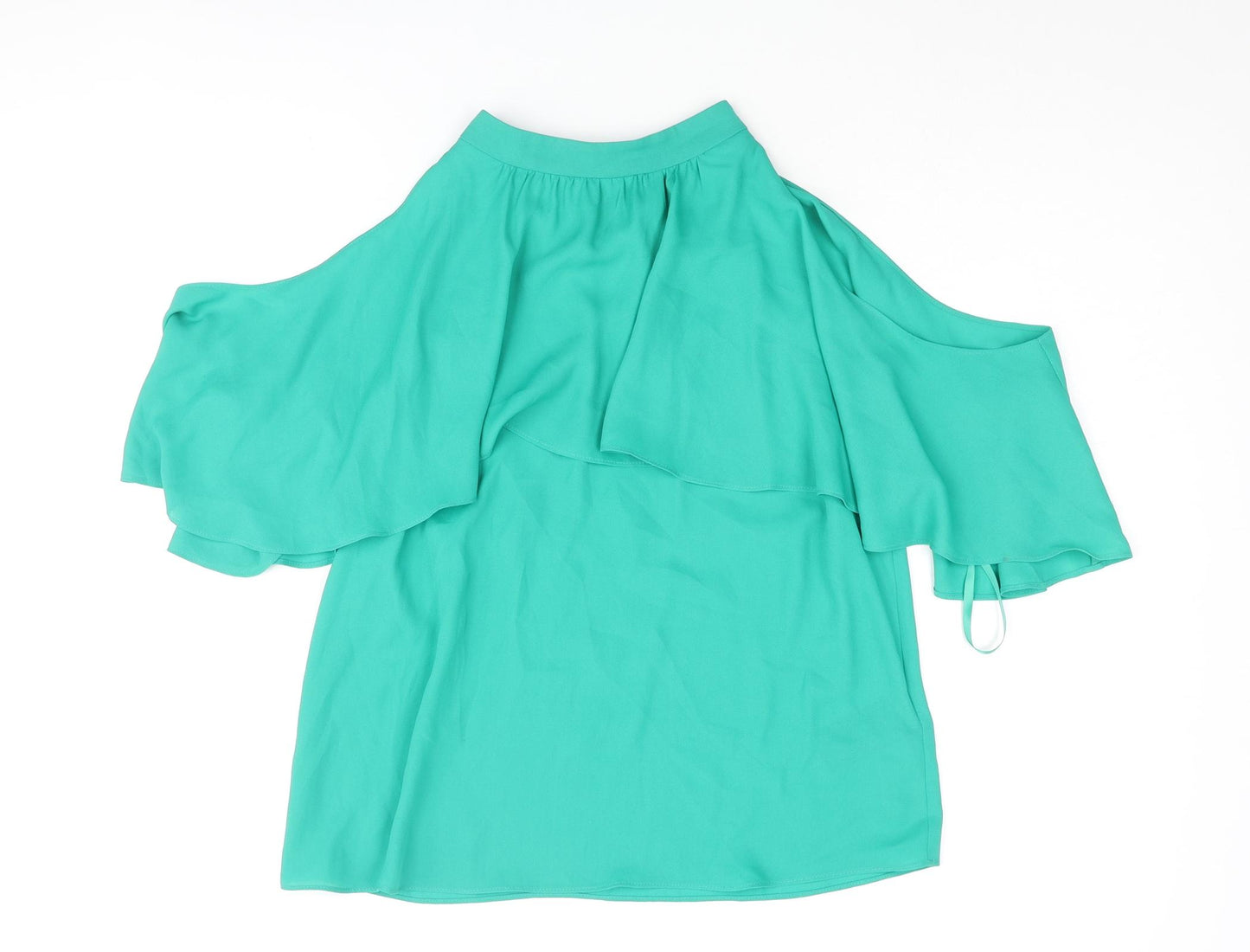 Coast Womens Green Polyester Basic Blouse Size 10 Mock Neck - Layered Frill Cold Shoulder