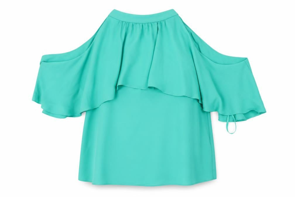 Front view of Coast women’s green polyester basic blouse, size UK 10, mock neck - layered frill cold shoulder
