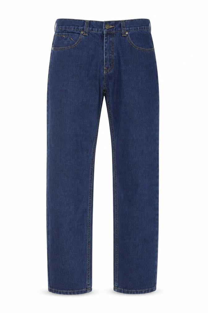 Front view of SCG men’s blue cotton straight jeans, size 30, in, 30-inch leg regular button
