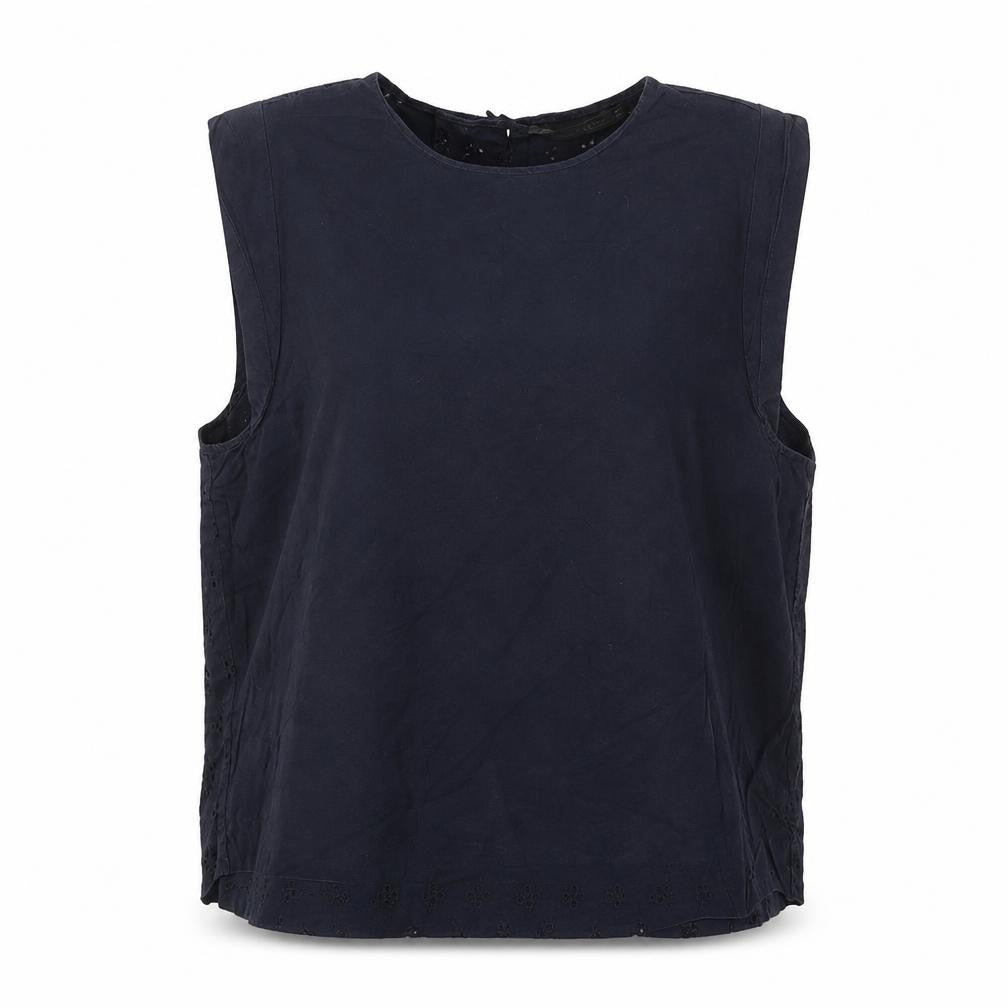 Front view of Zara women’s blue cotton basic blouse, size S, round neck