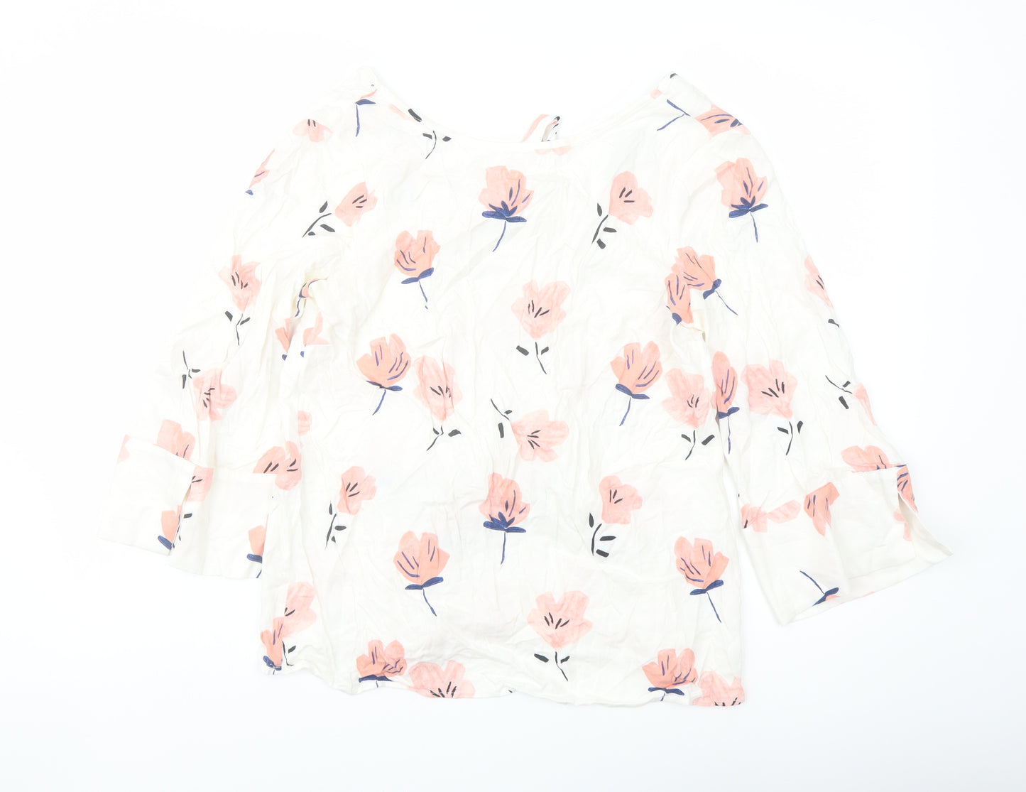 Oliver Bonas Womens White Floral Viscose Basic Blouse Size 10 Round Neck