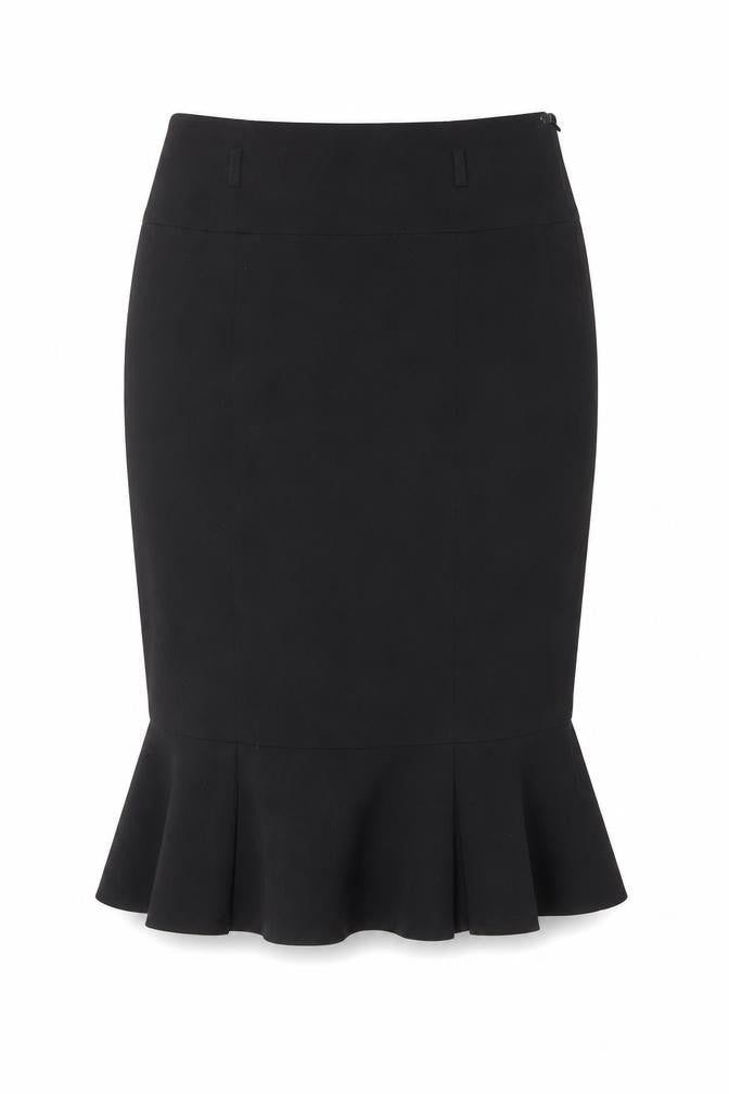 Front view of Marks & Spencer women’s blue polyester flare skirt, size UK 12, zip