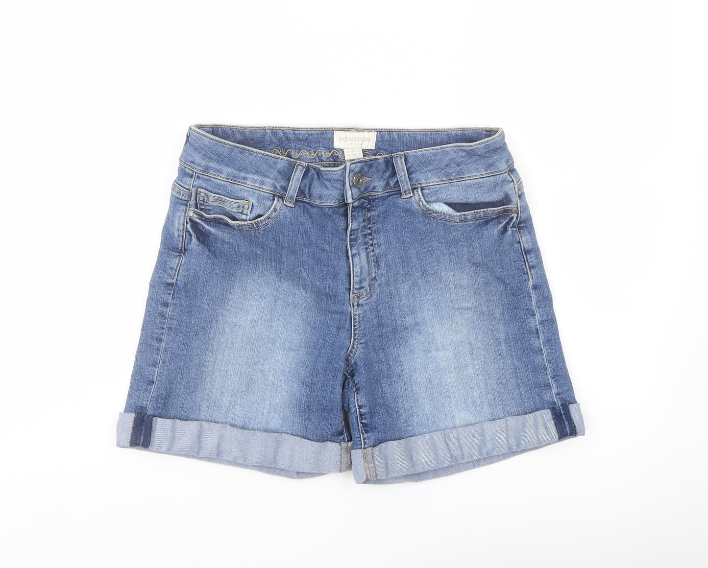 Monsoon Womens Blue Cotton Boyfriend Shorts Size 10 L9 in Regular Button