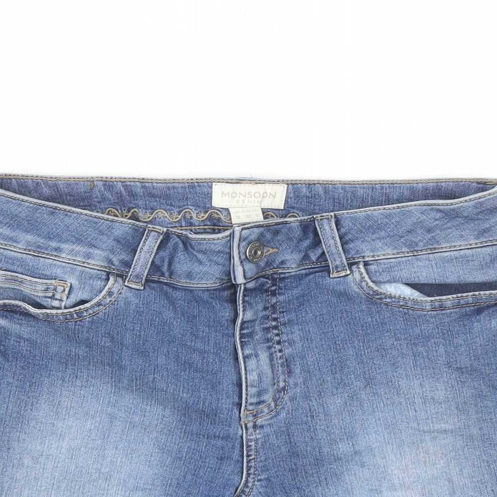 Monsoon Womens Blue Cotton Boyfriend Shorts Size 10 L9 in Regular Button