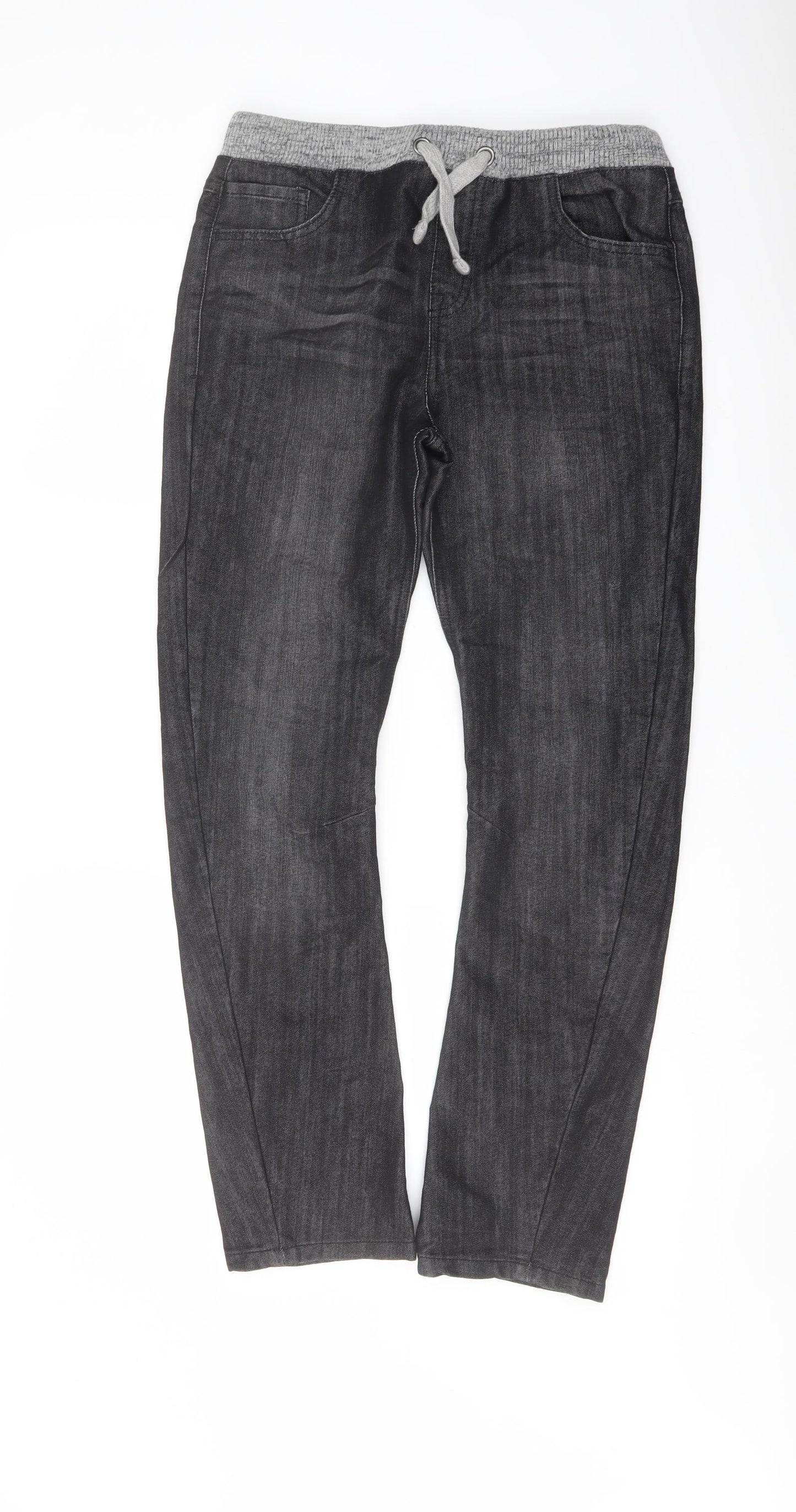 Marks and Spencer Boys Grey Cotton Straight Jeans Size 12 Years Regular Drawstring