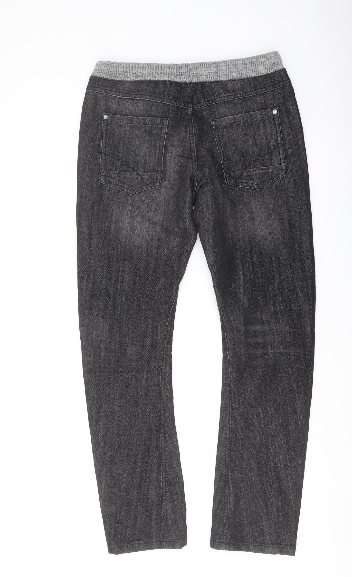 Marks and Spencer Boys Grey Cotton Straight Jeans Size 12 Years Regular Drawstring
