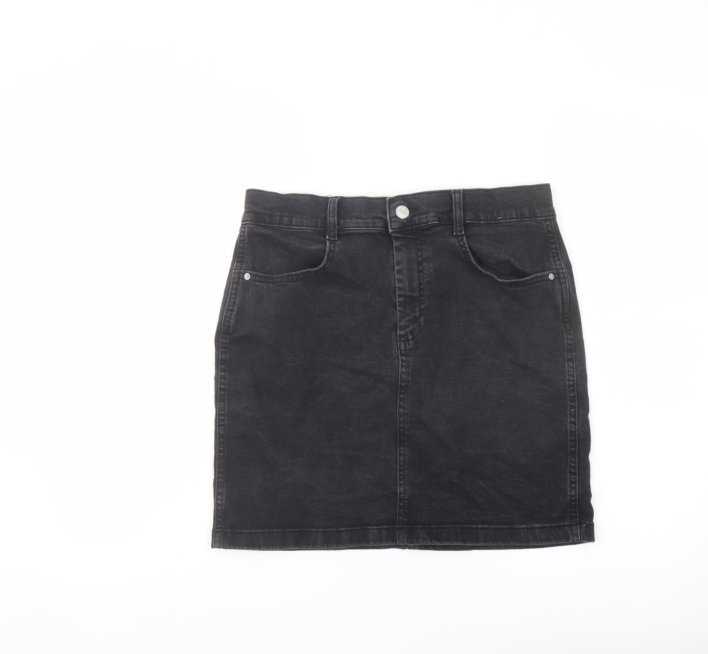 Denim & Co. Womens Black Cotton A-Line Skirt Size 14 Button