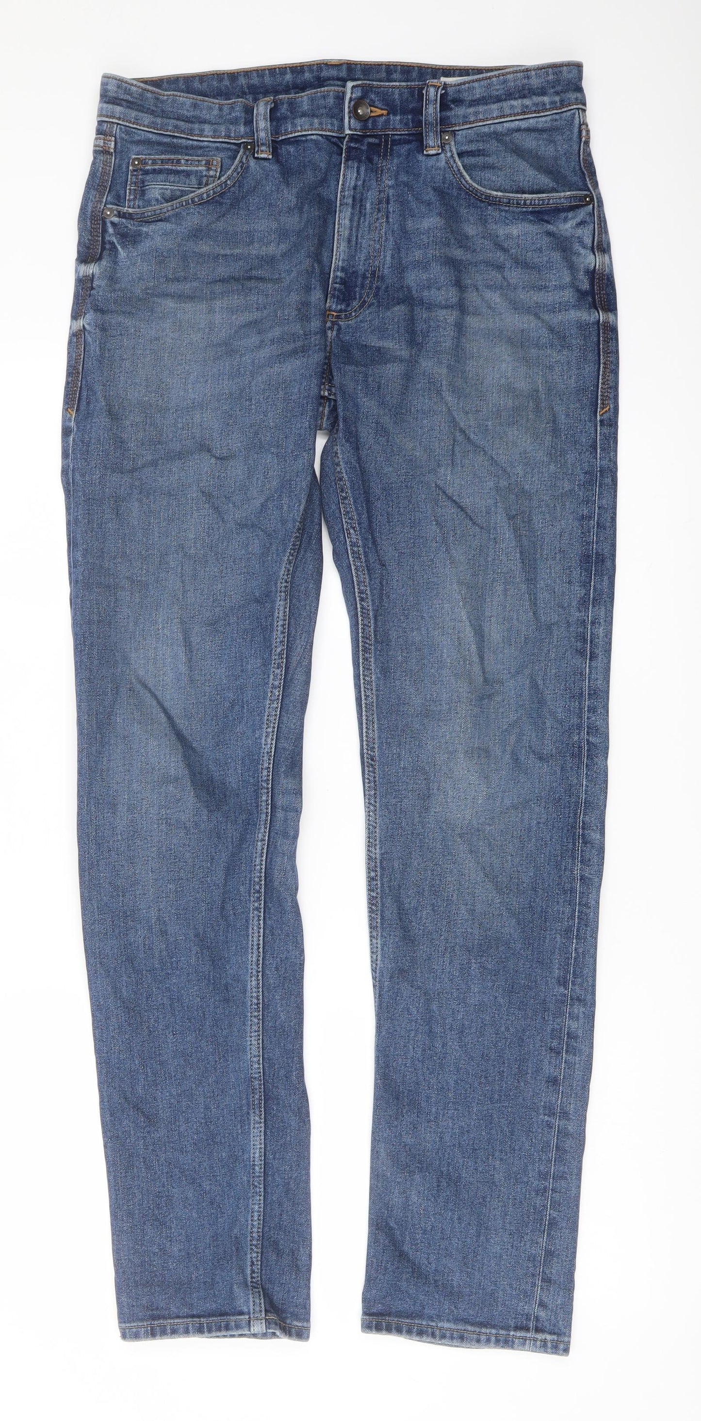 Marks and Spencer Mens Blue Cotton Straight Jeans Size 32 in L33 in Regular Button