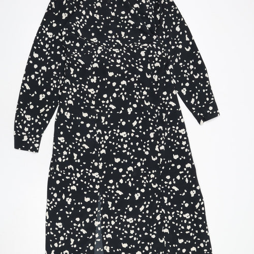 Topshop Womens Black Geometric Polyester A-Line Size 10 Collared Button - Slit, Tie Detail
