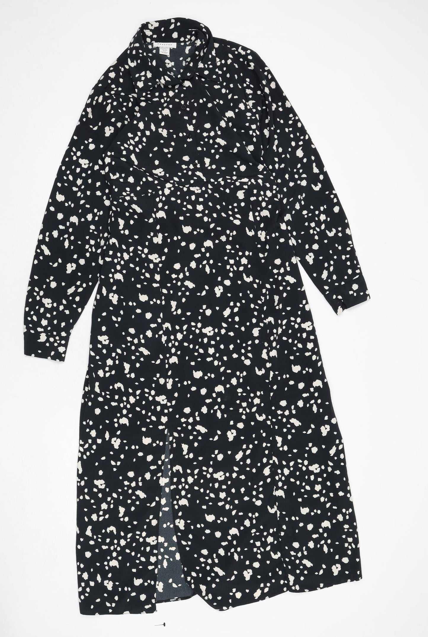 Topshop Womens Black Geometric Polyester A-Line Size 10 Collared Button - Slit, Tie Detail