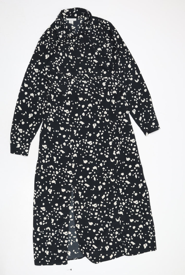 Topshop Womens Black Geometric Polyester A-Line Size 10 Collared Button - Slit, Tie Detail