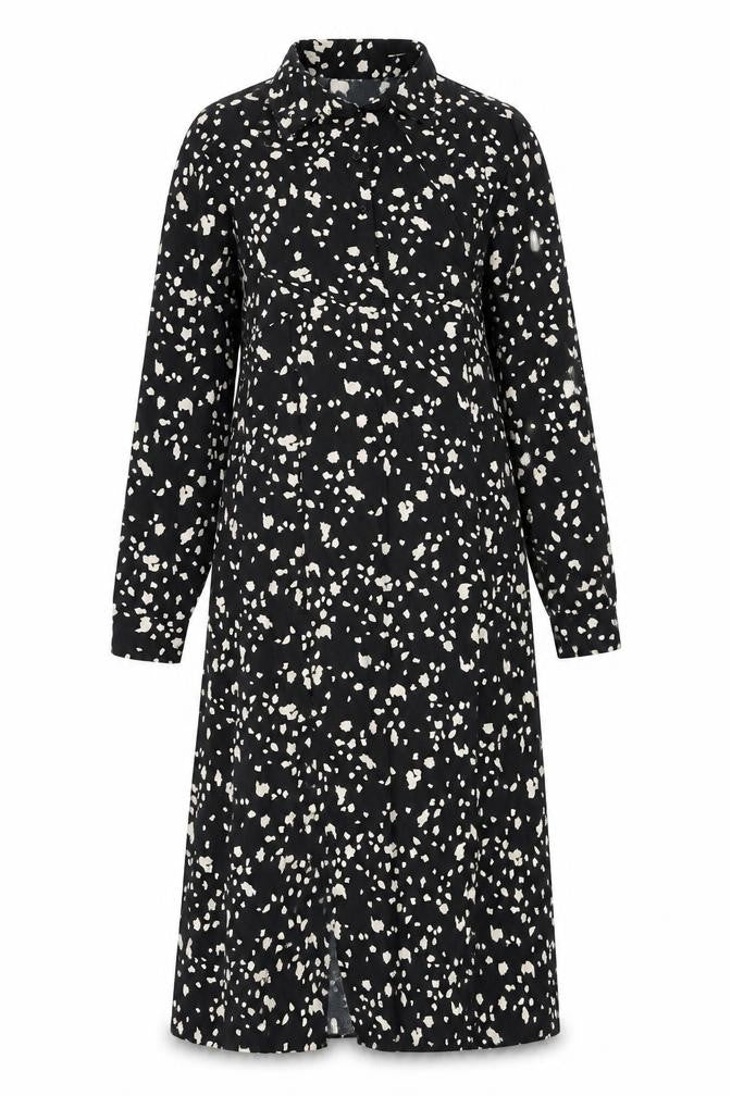 Front view of Topshop women’s black geometric polyester a-line, size UK 10, collared button - slit, tie detail