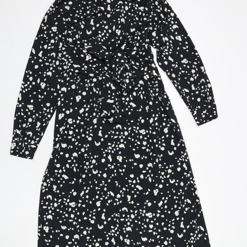 Topshop Womens Black Geometric Polyester A-Line Size 10 Collared Button - Slit, Tie Detail