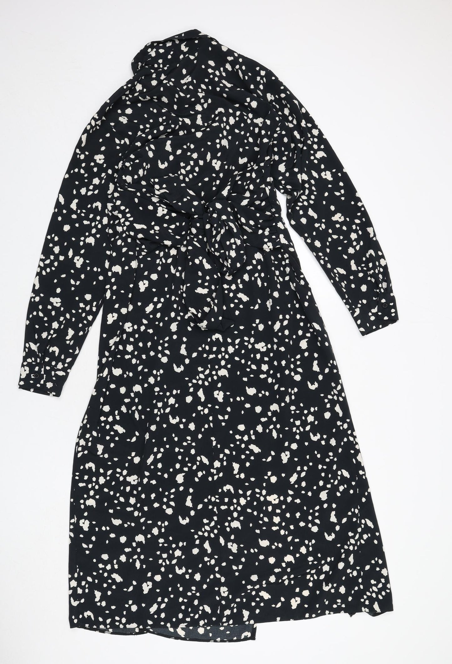 Topshop Womens Black Geometric Polyester A-Line Size 10 Collared Button - Slit, Tie Detail
