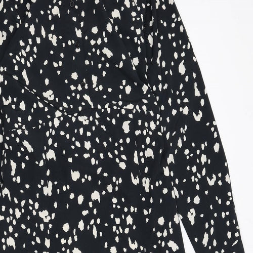 Topshop Womens Black Geometric Polyester A-Line Size 10 Collared Button - Slit, Tie Detail