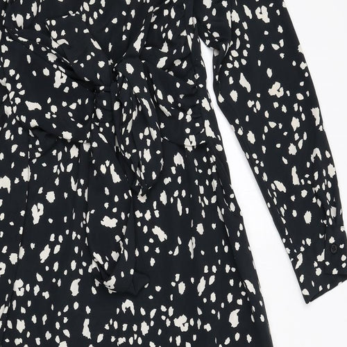Topshop Womens Black Geometric Polyester A-Line Size 10 Collared Button - Slit, Tie Detail