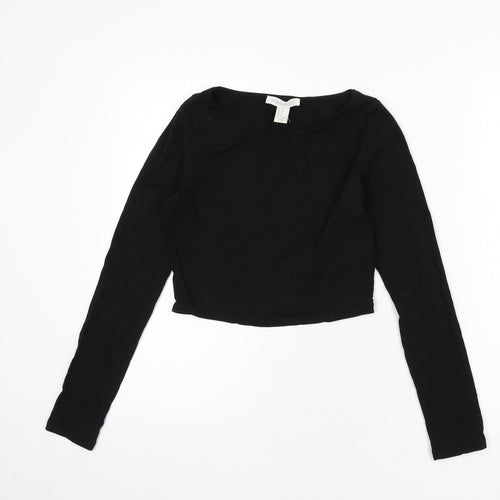 FOREVER 21 Womens Black Cotton Cropped T-Shirt Size S Boat Neck