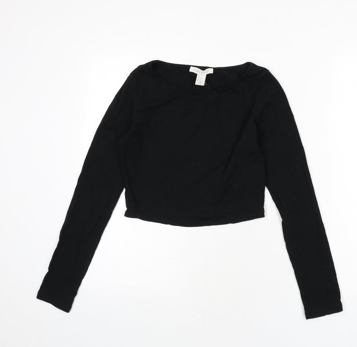 FOREVER 21 Womens Black Cotton Cropped T-Shirt Size S Boat Neck