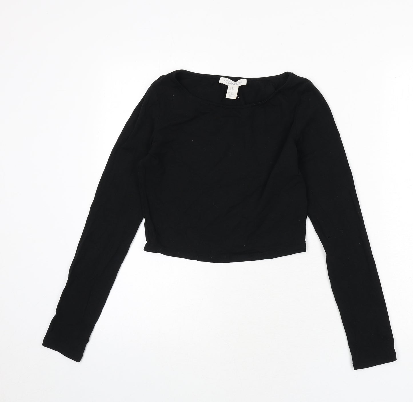 FOREVER 21 Womens Black Cotton Cropped T-Shirt Size S Boat Neck