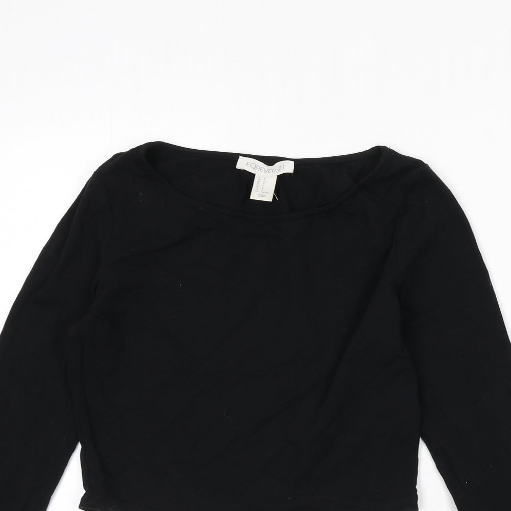 FOREVER 21 Womens Black Cotton Cropped T-Shirt Size S Boat Neck