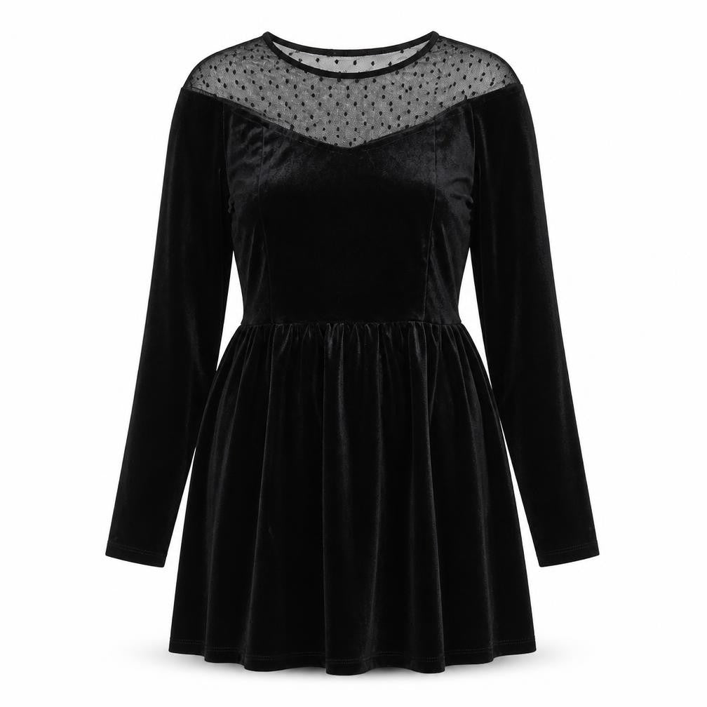 Front view of Sinsay women’s black polyester a-line, size S, round neck zip - polka dot