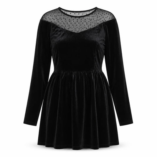 Front view of Sinsay women’s black polyester a-line, size S, round neck zip - polka dot