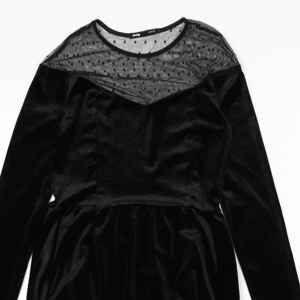 Sinsay Womens Black Polyester A-Line Size S Round Neck Zip - Polka Dot
