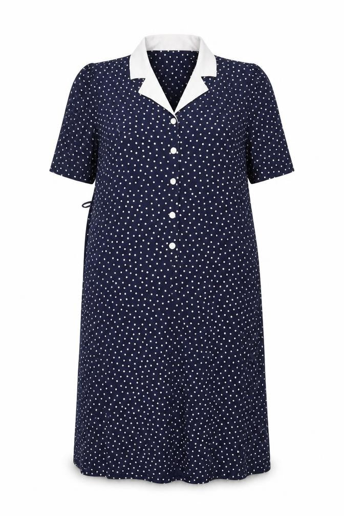 Front view of Canada women’s blue polka dot polyester a-line, size UK 18, collared button - shoulder pads