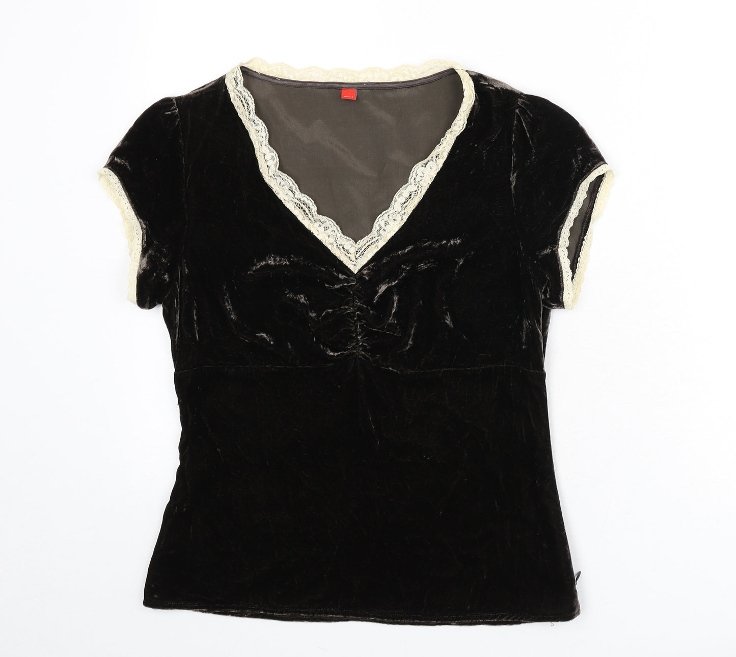 Esprit Womens Brown Viscose Basic T-Shirt Size M V-Neck - Lace Trim