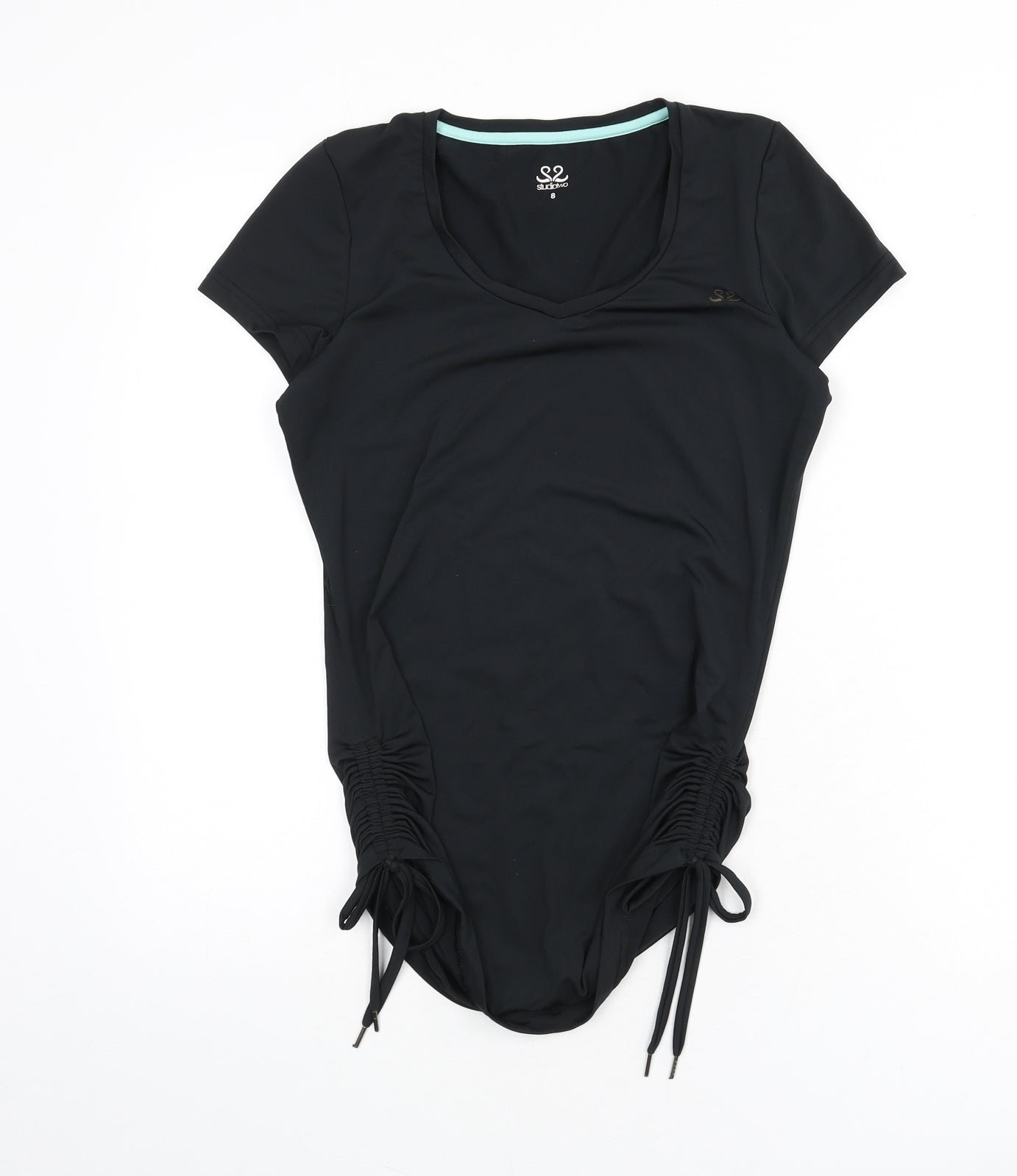 Studiotwo Womens Black Polyester Basic T-Shirt Size 8 V-Neck Pullover - Ruched Sides