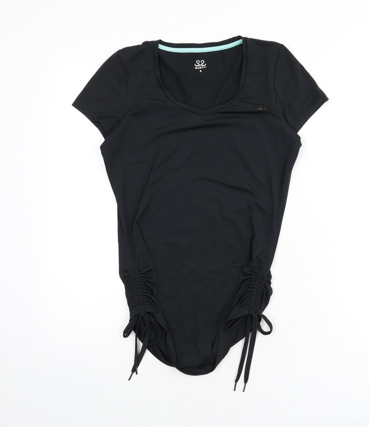 Studiotwo Womens Black Polyester Basic T-Shirt Size 8 V-Neck Pullover - Ruched Sides