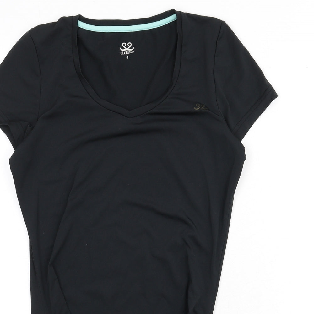 Studiotwo Womens Black Polyester Basic T-Shirt Size 8 V-Neck Pullover - Ruched Sides