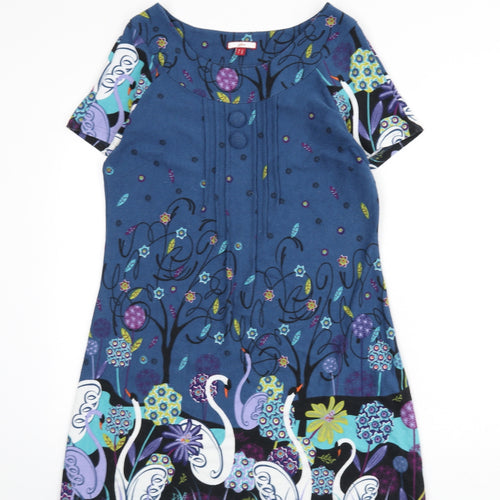 Joe Browns Womens Blue Geometric Polyester A-Line Size 12 Round Neck Button - Swans
