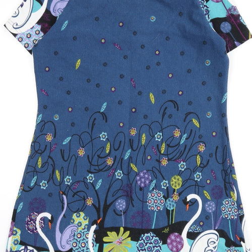 Joe Browns Womens Blue Geometric Polyester A-Line Size 12 Round Neck Button - Swans