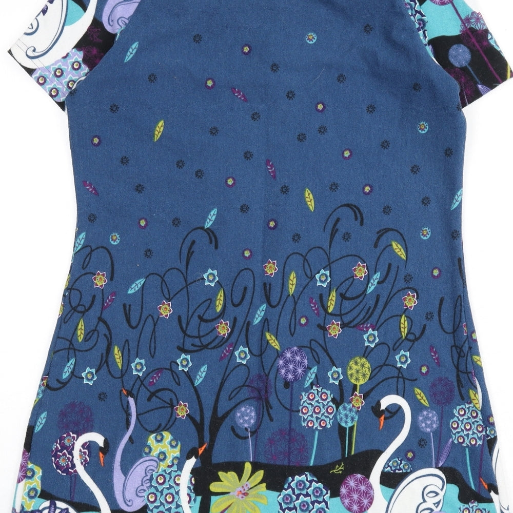 Joe Browns Womens Blue Geometric Polyester A-Line Size 12 Round Neck Button - Swans