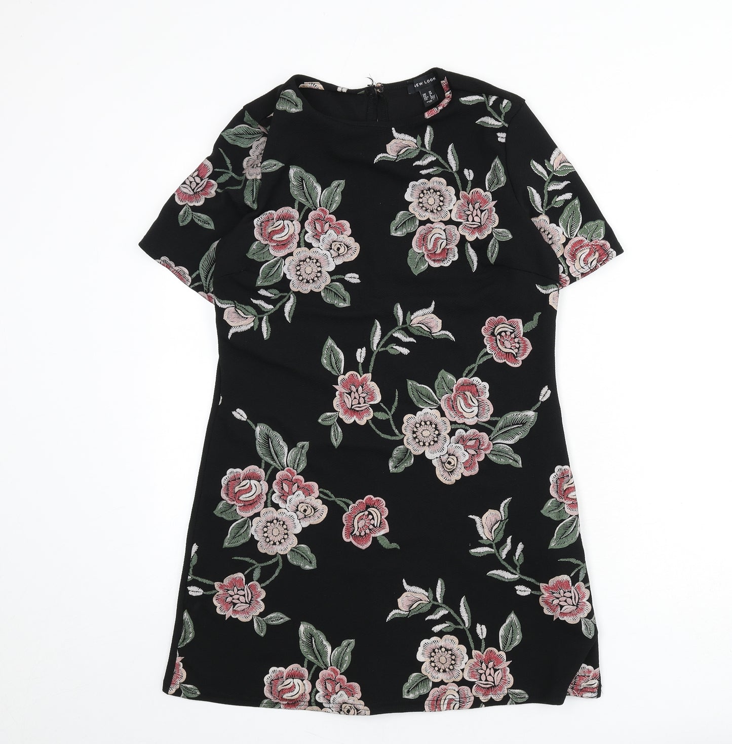 New Look Womens Black Floral Polyester A-Line Size 10 Round Neck Button