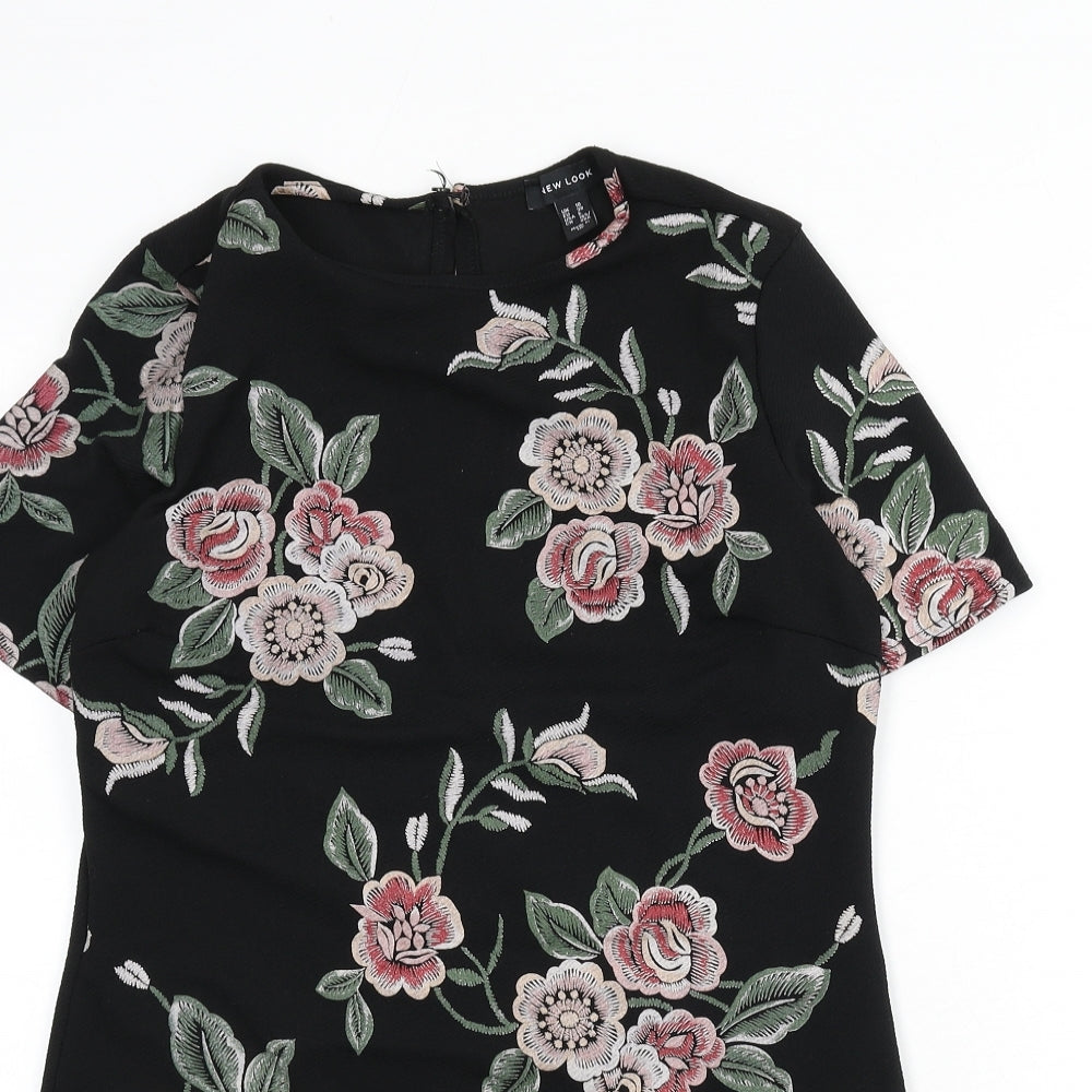 New Look Womens Black Floral Polyester A-Line Size 10 Round Neck Button