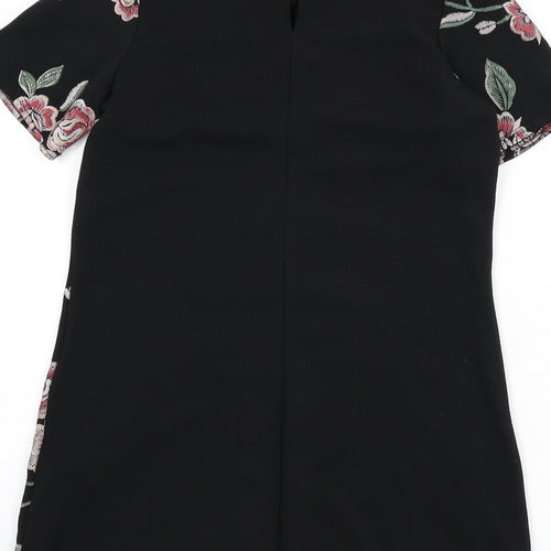 New Look Womens Black Floral Polyester A-Line Size 10 Round Neck Button
