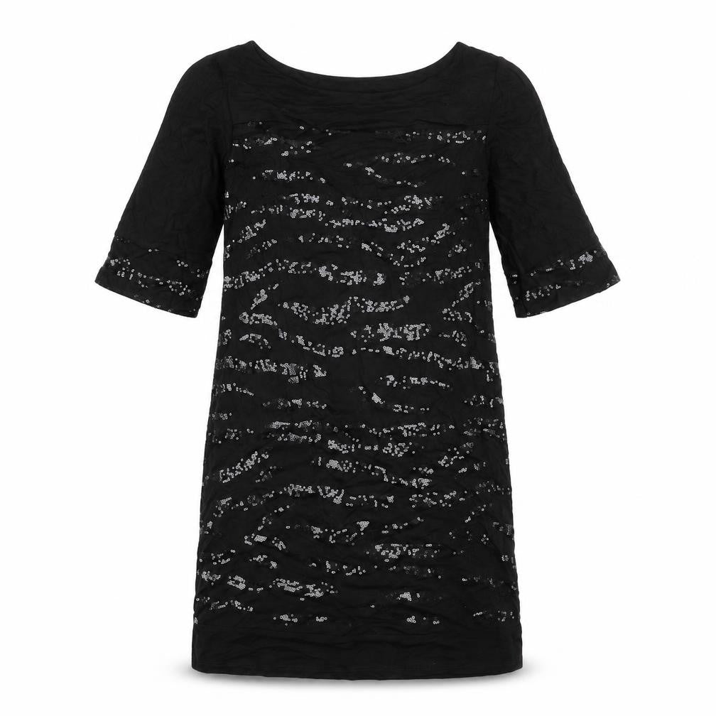 Front view of Wallis women’s black geometric viscose sheath, size UK 8, boat neck pullover - sequins