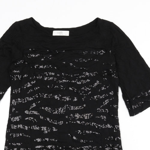 Wallis Womens Black Geometric Viscose Sheath Size 8 Boat Neck Pullover - Sequins