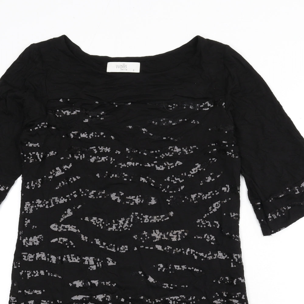 Wallis Womens Black Geometric Viscose Sheath Size 8 Boat Neck Pullover - Sequins
