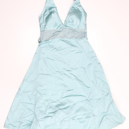 Warehouse Womens Blue Acetate Fit & Flare Size 12 Halter Hook & Eye - Underskirt, Tie Detail