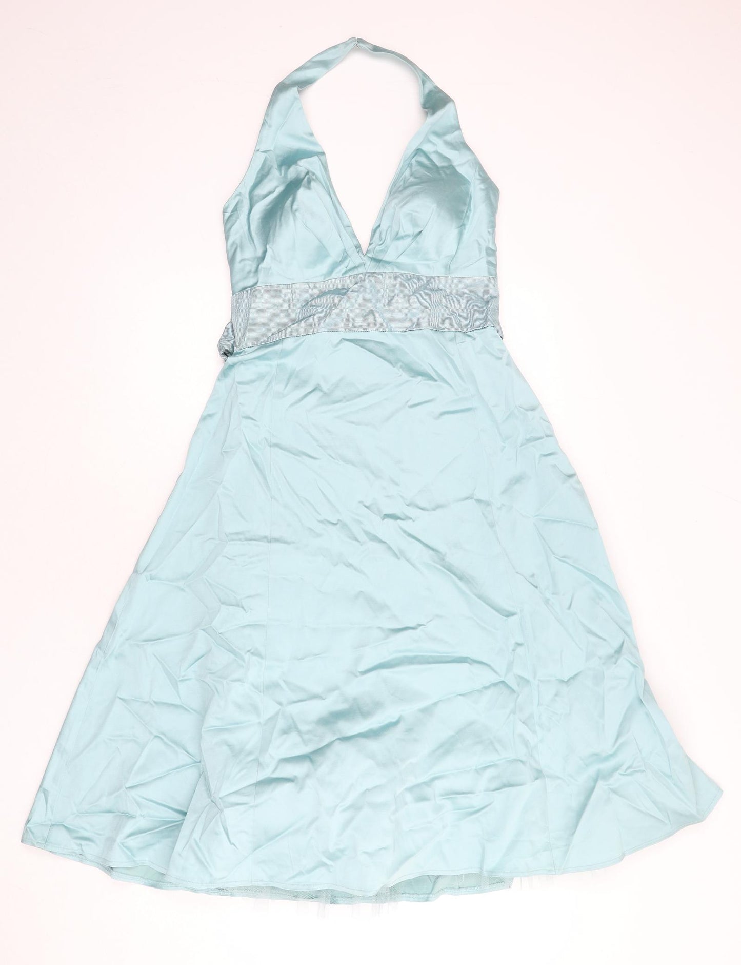 Warehouse Womens Blue Acetate Fit & Flare Size 12 Halter Hook & Eye - Underskirt, Tie Detail