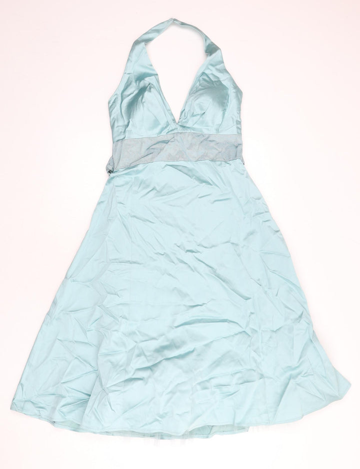 Warehouse Womens Blue Acetate Fit & Flare Size 12 Halter Hook & Eye - Underskirt, Tie Detail