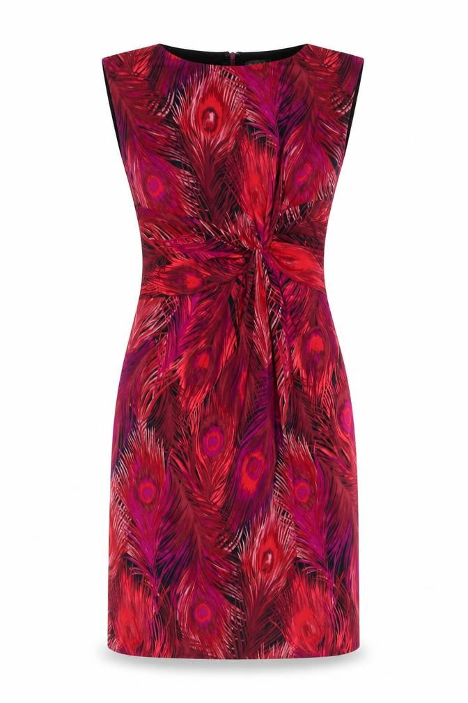 Front view of Phase Eight women’s multicoloured geometric polyester a-line, size UK 8, round neck zip